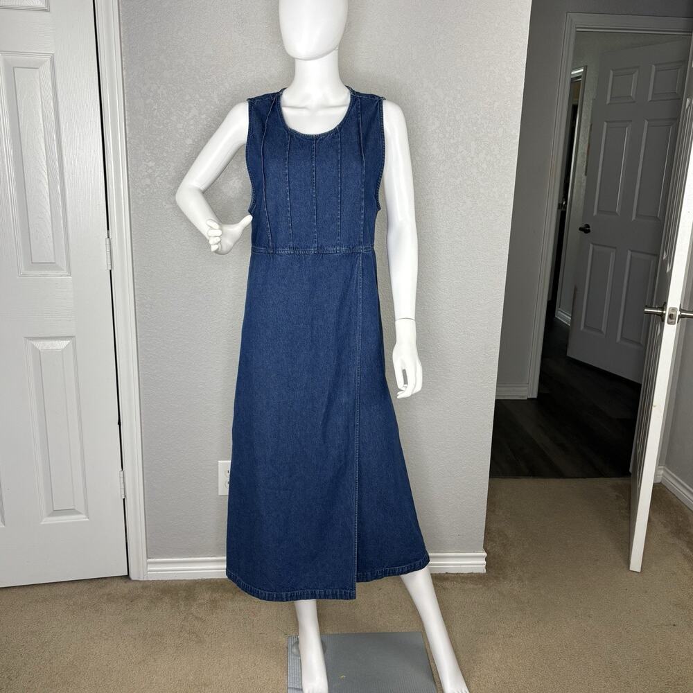 Vintage 90s Denim Midi Dress Sleeveless Wrap Cottage Modest Size M